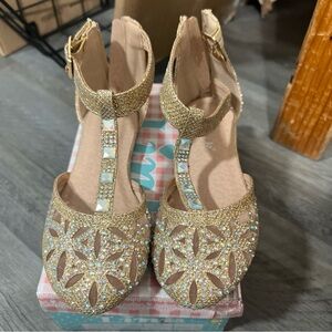 Girls' Gold Glitter T-Strap Dress Shoes with Rhinestone Accents